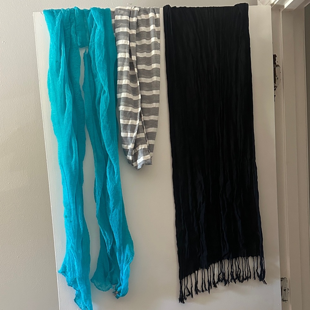 Set of Three Scarves - Blue, Gray Striped, Black